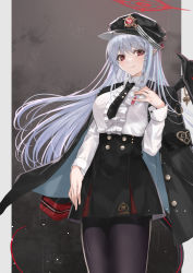 Rule 34 | 1girl, armband, black jacket, black pantyhose, black skirt, blue archive, blush, braid, breast rest, breasts, collar, demon wings, dress shirt, fingernails, floating hair, haruna (blue archive), hat, highres, jacket, jacket on shoulders, long hair, looking at viewer, mexif, nail polish, necktie, pantyhose, pointy ears, red eyes, shirt, side braid, silver hair, skirt, smile, solo, standing, star (symbol), tareme, uniform, white shirt, wings