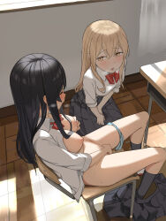 Rule 34 | 2girls, absurdres, black hair, blonde hair, blush, bow, bowtie, breasts, chair, classroom, closed eyes, clothed masturbation, clutching clothes, collared shirt, commentary request, desk, dutch angle, exhibitionism, female masturbation, fingering, from above, full body, functionally nude, furrowed brow, grabbing own breast, hair between eyes, highres, indoors, kneehighs, lemontyoisy r18, long hair, looking at another, masturbation, medium breasts, multiple girls, nipples, no bra, on chair, on floor, open clothes, open mouth, open shirt, original, panties, panties around leg, public indecency, school, school chair, school desk, school uniform, shirt, shoes, sitting, skirt, skirt around ankles, unworn skirt, sleeves rolled up, socks, sweat, textless version, thighs, trembling, underwear, uwabaki, watching, yellow eyes, yuri