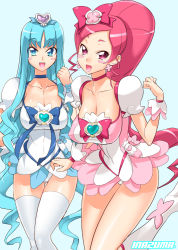 Rule 34 | 10s, 2girls, aged up, aqua eyes, aqua hair, blue skirt, blush, blush stickers, boots, bow, breasts, brooch, cleavage, cure blossom, cure marine, eyelashes, female focus, hanasaki tsubomi, heart, heart brooch, heartcatch precure!, jewelry, knee boots, kurumi erika, large breasts, long hair, magical girl, multiple girls, open mouth, panties, pink bow, pink eyes, pink hair, precure, satou shouji, skirt, smile, thighhighs, underwear, very long hair, white background, white legwear