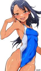 Rule 34 | 1girl, absurdres, aiuti, black hair, blue one-piece swimsuit, brown eyes, competition swimsuit, cowboy shot, dark-skinned female, dark skin, fang, forehead, hair ornament, hairclip, highleg, highleg swimsuit, highres, ijiranaide nagatoro-san, long hair, looking at viewer, nagatoro hayase, one-piece swimsuit, shiny skin, simple background, skin fang, smile, solo, swimsuit, two-tone swimsuit, wet, wet clothes, wet swimsuit, white background, wide hips