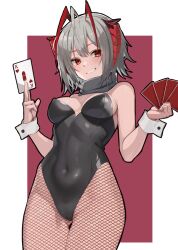 Rule 34 | 1girl, :d, antenna hair, arknights, bare shoulders, black leotard, blush, border, breasts, card, cleavage, covered navel, cowboy shot, detached collar, fishnet pantyhose, fishnets, gluteal fold, highres, holding, holding card, horns, idashige (walkietalkie), leotard, looking at viewer, medium breasts, open mouth, outside border, pantyhose, parted lips, playboy bunny, playing card, red background, red eyes, red hair, short hair, simple background, sleeves past wrists, smile, solo, strapless, strapless leotard, thigh gap, w (arknights), white border