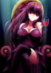 Rule 34 | 1girl, ahsiu, armchair, bare shoulders, black gloves, black thighhighs, breasts, chair, cleavage, crossed legs, cup, dress, drinking glass, elbow gloves, fate (series), female focus, fishnets, garter straps, glass, gloves, hair ornament, highres, jewelry, large breasts, long hair, looking at viewer, necklace, parted lips, purple hair, red eyes, scathach (fate), scathach (formal dress) (fate), sitting, skirt, solo, thighhighs, thighs, tiara, wine glass