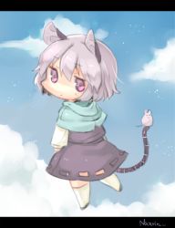 Rule 34 | 1girl, akagashi hagane, animal ears, blue sky, capelet, chibi, cloud, day, dress, grey dress, letterboxed, long sleeves, looking at viewer, looking back, mouse (animal), mouse ears, nazrin, pink eyes, sky, solo, touhou