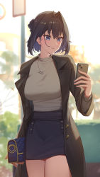 Rule 34 | 1girl, absurdres, backlighting, bag, black coat, black hair, black skirt, blue eyes, blush, breasts, casual, cellphone, coat, cowboy shot, day, erezu, grey sweater, hair bun, hair intakes, handbag, highres, holding, holding bag, holding phone, hololive, hololive english, jewelry, large breasts, long sleeves, looking at phone, miniskirt, necklace, open clothes, open coat, ouro kronii, outdoors, parted lips, phone, short hair, single hair bun, skirt, smartphone, smile, solo, sweater, virtual youtuber