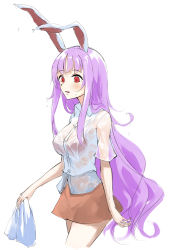 Rule 34 | 1girl, absurdres, animal ears, blush, bra, breasts, buttons, collared shirt, commentary request, grey shirt, hair between eyes, hand up, highres, long hair, looking down, medium breasts, open mouth, orange skirt, otomeza ryuseigun, pink bra, purple hair, rabbit ears, red eyes, reisen udongein inaba, see-through, shirt, short sleeves, simple background, skirt, solo, touhou, underwear, wet, white background
