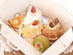 Rule 34 | artist name, cake, cake slice, chocolate, commentary, cupcake, english commentary, food, food focus, food wrapper, fork, fruit, highres, icing, nao (bestrollever), no humans, open box, original, pie, pie slice, plate, pumpkin pie, rabbit, receipt, strawberry, swiss roll, table, tiramisu