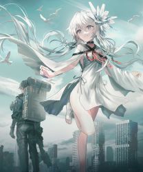 Rule 34 | 1boy, 1girl, backpack, bag, bird, black choker, blue eyes, breasts, building, capelet, choker, dress, flying, gun, highres, holding, holding gun, holding weapon, key visual, low twintails, official art, promotional art, sandals, silver hair, sky, small breasts, smile, split mouth, swav, tsui no stella, twintails, weapon, white capelet, white dress