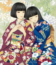Rule 34 | 2girls, black eyes, black hair, blunt bangs, bob cut, closed eyes, couple, floral background, hand on another&#039;s shoulder, hands on own chest, hime cut, japanese clothes, kimono, leaning on person, long hair, looking at another, multiple girls, nadeshiko rin, original, short hair, smile, traditional media, yuri