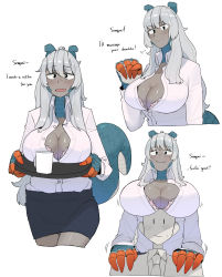 Rule 34 | 1boy, 1girl, black skirt, blue eyes, blush, breasts, claws, cleavage, closed mouth, cup, dark-skinned female, dark skin, drag (ohasi), dragon girl, dragon horns, dragon tail, english text, engrish text, fang, formal, grey hair, highres, holding, holding tray, horns, large breasts, long hair, long sleeves, looking at viewer, ohasi, open mouth, original, pencil skirt, ranguage, shirt, skin fang, skirt, skirt suit, smile, suit, tail, tight skirt, tray, unbuttoned, unbuttoned shirt, white shirt