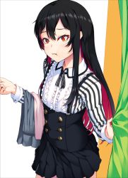 Rule 34 | 1girl, alternate costume, arata, black hair, black ribbon, black skirt, center frills, collared shirt, colored inner hair, fitting room, frilled shirt, frills, genderswap, genderswap (mtf), hair between eyes, high-waist skirt, highres, holding, long hair, long sleeves, looking at viewer, multicolored hair, pleated skirt, pout, purple hair, red eyes, ren (witch&#039;s weapon), ribbon, shirt, skirt, solo, striped clothes, striped shirt, suspender skirt, suspenders, two-tone hair, vertical-striped clothes, vertical-striped shirt, very long hair, witch&#039;s weapon