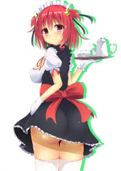 Rule 34 | 1girl, ass, bad id, bad pixiv id, blush, bow, breasts, cowboy shot, cup, from behind, gloves, hair bobbles, hair ornament, hair ribbon, impossible clothes, large breasts, looking at viewer, looking back, maid, maid headdress, original, pink eyes, pink hair, ribbon, skirt, smile, solo, teapot, thigh gap, thighhighs, tray, two side up, white background, white gloves, white thighhighs, yahiro (anhnw)