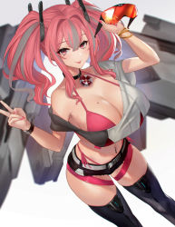 Rule 34 | 1girl, artnohearts, azur lane, bare shoulders, bikini, bikini under clothes, black shirt, black shorts, bow, breasts, bremerton (azur lane), cleavage, commentary request, crop top, unworn eyewear, from above, grey hair, grey shirt, hair between eyes, hair bow, hair ornament, hairclip, holding, holding removed eyewear, large breasts, long hair, looking at viewer, mole, mole on breast, mole under eye, multicolored hair, nail polish, navel, pink bikini, pink hair, pink nails, red-tinted eyewear, shirt, short shorts, shorts, side-tie bikini bottom, solo, streaked hair, swimsuit, thighhighs, thighs, tinted eyewear, tongue, tongue out, twintails, two-tone hair, two-tone shirt, v