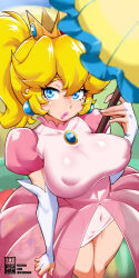 Rule 34 | 1girl, bayeuxman, blonde hair, blue eyes, breasts, bridal gauntlets, covered erect nipples, cowboy shot, crown, dress, earrings, elbow gloves, from above, gloves, highres, jewelry, large breasts, lips, long hair, looking at viewer, mario (series), nintendo, parasol, parted lips, perry (mario), pink dress, pink lips, ponytail, princess peach, puffy short sleeves, puffy sleeves, see-through, short dress, short sleeves, solo, standing, super princess peach, thighs, toad (mario), umbrella, white gloves