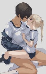 Rule 34 | 2girls, black buruma, black hair, blonde hair, blue eyes, blush, breasts, brown hair, buruma, carrying, carrying person, couple, dark-skinned female, dark skin, eye contact, girl on top, gym uniform, height difference, highres, incoming kiss, kei (m k), large breasts, long hair, looking at another, m k, multiple girls, open mouth, original, ponytail, red eyes, rika (m k), short hair, simple background, sitting, sitting on lap, sitting on person, size difference, straddling, sweat, tall, tall female, tan, tomboy, tongue, tongue out, upright straddle, yuri