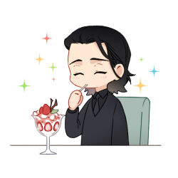 Rule 34 | 1boy, animification, black hair, black jacket, black necktie, black shirt, blush, chair, closed eyes, collared shirt, commentary, eating, english commentary, food, formal, fruit, glass, hand up, holding, holding spoon, ice cream, jacket, leaf, loki (marvel), long sleeves, male focus, marvel, marvel cinematic universe, medium hair, murdermuffinloki, necktie, shirt, simple background, sitting, solo, sparkle, spoon, strawberry, suit, table, utensil in mouth, white background