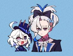 Rule 34 | 1boy, 1girl, :d, :|, ahoge, ascot, black bow, black eyes, black jacket, blue ascot, blue background, blue eyes, blue hair, blue headwear, blue jacket, blush, borrowed hairstyle, bow, brooch, cinnamiku hairstyle, closed mouth, cropped torso, expressionless, furina (genshin impact), genshin impact, hair between eyes, hair bow, hat, heterochromia, jacket, jewelry, looking at another, looking at viewer, multicolored hair, neuvillette (genshin impact), nploser, open mouth, simple background, smile, streaked hair, top hat, updo, white ascot, white hair