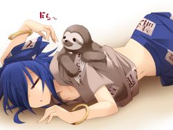 Rule 34 | 1girl, animal, animal on back, blue hair, bracelet, commentary request, closed eyes, hair over one eye, hemogurobin a1c, jewelry, long hair, lying, on stomach, short sleeves, sleeping, sloth (animal), touhou, triangle mouth, yorigami shion