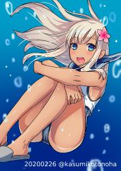 Rule 34 | 1girl, air bubble, ass, bad id, bad pixiv id, bare arms, bare legs, blue eyes, blush, bubble, commentary request, flower, folded, freediving, hair flower, hair ornament, highres, kantai collection, kotonoha kasumi, long hair, looking at viewer, nontraditional school swimsuit, one-piece swimsuit, one-piece tan, open mouth, ro-500 (kancolle), sailor collar, school swimsuit, school uniform, serafuku, slippers, smile, solo, submerged, swimsuit, swimsuit under clothes, tan, tanline, twitter username, underwater