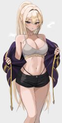 Rule 34 | 1girl, absurdres, bare shoulders, black shorts, blonde hair, blue eyes, breasts, cleavage, commission, crop top, feet out of frame, grey background, grey shirt, hair intakes, highleg, highres, jacket, large breasts, long hair, long sleeves, looking at viewer, midriff, navel, off shoulder, open clothes, open jacket, original, panty straps, parted lips, ponytail, purple jacket, second-party source, shirt, short shorts, shorts, sidelocks, simple background, sinkee, sleeveless, sleeveless shirt, solo, spaghetti strap, standing, stomach, sweat, thighs, very long hair