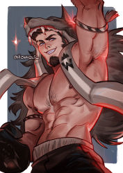 Rule 34 | 1boy, abs, armpits, bara, bare pectorals, black shorts, boxing gloves, brown hair, commission, eyebrow cut, facial hair, goatee, large pectorals, long sideburns, male focus, mature male, muscular, muscular male, navel, navel hair, nipples, onion holic, original, pectorals, short hair, shorts, sideburns, smile, solo, stomach, wolf hood, wrestling outfit
