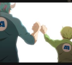 Rule 34 | 2boys, bad id, bad pixiv id, blue hair, border, fist bump, from behind, green hair, hat, horns, james p. sullivan, letterboxed, male focus, mike wazowski, monsters inc., multiple boys, mum (pixiv1182764), personification, short hair, simple background