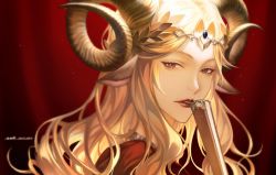 Rule 34 | 1girl, animal ears, arknights, artist name, blonde hair, circlet, curtains, dated, folded fan, folding fan, goat ears, goat girl, goat horns, hand fan, highres, holding, holding fan, horns, jewelry, lipstick, long hair, looking at viewer, makeup, mature female, necklace, parted lips, portrait, purple eyes, red lips, signature, solo, twin empresses (arknights), welllllll
