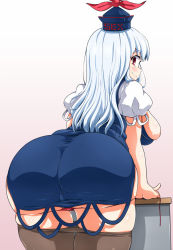 Rule 34 | 1girl, ass, blue hair, blush, breasts, come hither, dress, from behind, hat, huge ass, kamishirasawa keine, large breasts, leaning, leaning forward, long hair, looking at viewer, looking back, miniskirt, naughty face, panties, pantyshot, red eyes, red panties, sen sugiura, shiny skin, sideboob, skin tight, skirt, smile, solo, thighhighs, touhou, underwear