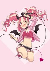 Rule 34 | 1girl, :d, belt, belt collar, blonde hair, collar, demon horns, demon tail, demon wings, earrings, fang, flying, full body, hairband, hand up, highres, holding, horns, instrument, jewelry, looking at viewer, microphone, midriff, multicolored hair, navel, one eye closed, open mouth, original, personification, pink background, pink eyes, pink hair, pink shorts, samei ikusa, shoes, short eyebrows, short shorts, shorts, smile, solo, spiked hairband, spikes, tail, twintails, wings