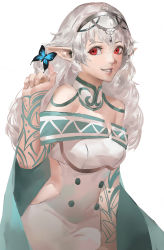 Rule 34 | 1girl, animal, arm tattoo, bare shoulders, blazpu, blue butterfly, bug, butterfly, cape, commission, elf, fingernails, green cape, grey background, grey hair, highres, insect, long hair, looking at animal, off shoulder, original, parted lips, pointy ears, red eyes, simple background, smile, tattoo, tiara