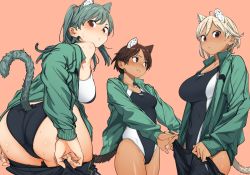 Rule 34 | 3girls, animal ears, ass, black eyes, black one-piece swimsuit, blonde hair, blush, breasts, brown hair, cat ears, cat girl, cat tail, closed mouth, clothes pull, commentary request, competition swimsuit, cowboy shot, dark-skinned female, dark skin, from behind, frown, green hair, green jacket, green tail, jacket, kr ohoshisama, leaning forward, long hair, long sleeves, looking at viewer, looking away, looking back, medium breasts, multiple girls, nail polish, no pants, off shoulder, one-piece swimsuit, open clothes, open jacket, original, pants, pants pull, pink background, pink nails, pulled by self, short hair, simple background, small breasts, smile, standing, sweat, swimsuit, tail, track jacket, track pants