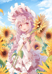 Rule 34 | 1girl, :d, animal ears, armpit crease, bad id, bad pixiv id, bare arms, bare shoulders, blue sky, blurry, blurry foreground, blush, bow, braid, breasts, bubble, cleavage, cloud, cloudy sky, cowboy shot, day, depth of field, detached collar, dress, flower, hair bow, hair flower, hair ornament, hairclip, hat, highres, holding, holding flower, long hair, looking at viewer, medium breasts, momingie, open mouth, original, outdoors, rabbit ears, red eyes, revision, ribbon, ribbon trim, silver hair, single braid, sky, sleeveless, sleeveless dress, smile, solo, sunflower, tareme, very long hair, white dress, white flower, white hat, wrist ribbon