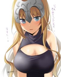 Rule 34 | 1girl, arms at sides, blonde hair, blue eyes, blush, breasts, cleavage, fate/apocrypha, fate (series), grey sweater, headpiece, heart, jeanne d&#039;arc (fate), jeanne d&#039;arc (ruler) (fate), large breasts, long hair, looking at viewer, meme attire, open-chest sweater, parted lips, protected link, saikawa yusa, simple background, sleeveless, sleeveless turtleneck, smile, solo, sweater, turtleneck, turtleneck sweater, twitter username, upper body, white background