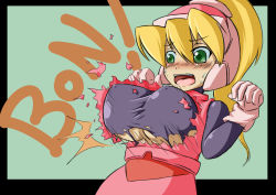 Rule 34 | !, 1girl, black border, blonde hair, blush, bodystocking, border, breast expansion, breasts, bursting breasts, capcom, ciel (mega man), covered erect nipples, embarrassed, gloves, green eyes, hair between eyes, headgear, high ponytail, inti creates, large breasts, long hair, mega man (series), mega man zero (series), open mouth, outside border, ponytail, ripping, semikichi, solo, sound effects, sweat, teeth, tongue, torn clothes, white gloves, worried