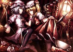 Rule 34 | 2girls, ascot, bat wings, black legwear, blonde hair, brooch, clothes lift, cup, dress, dress lift, flandre scarlet, flower, hand on another&#039;s chin, hat, hat with ears, highres, jewelry, kneeling, looking at viewer, mob cap, multiple girls, pink dress, puffy sleeves, red dress, red eyes, red flower, red rose, remilia scarlet, rose, short sleeves, siblings, side ponytail, silver hair, sisters, sitting, smile, sword, teacup, thighhighs, touhou, u u zan, upskirt, weapon, white legwear, window, wings, wrist cuffs, zettai ryouiki