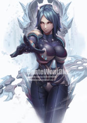 Rule 34 | 1girl, alternate costume, alternate eye color, alternate hair color, alternate hair length, alternate hairstyle, armor, artist name, blue hair, bodysuit, breasts, brown eyes, closed mouth, covered collarbone, cowboy shot, crystal, dantewontdie, faulds, foreshortening, frostblade irelia, headgear, irelia, league of legends, looking at viewer, medium breasts, outstretched arm, parted bangs, pauldrons, realistic, serious, short hair, shoulder armor, shoulder pads, solo, sparkle, standing, swept bangs, thighs, walking, watermark, weapon, web address