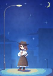 Rule 34 | 1girl, blush, book, bow, brown eyes, brown hair, brown skirt, building, cloud, crescent moon, hat, highres, holding, holding book, lamppost, long sleeves, moon, nama udon, necktie, night, night sky, open book, outdoors, plaid, plaid capelet, plaid skirt, red necktie, road, shirt, shoes, short hair, skirt, sky, solo, star (sky), tie clip, touhou, usami renko, white bow, white shirt
