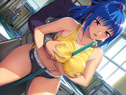 Rule 34 | 1boy, 1girl, asakura sakura, bare shoulders, between breasts, blue hair, blush, grabbing another&#039;s breast, breasts squeezed together, breasts, broom, buruma, cameltoe, frottage, game cg, grabbing, grabbing from behind, gym uniform, hetero, large breasts, legs, long hair, looking down, nana g, office, open mouth, ponytail, purple eyes, sex teacher tsuyoshi, shiotani natsuki, solo focus, sports bikini, standing, table, thighs, track suit, underwear, window