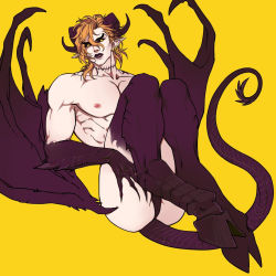 Rule 34 | 1boy, black lips, blonde hair, closed mouth, colored extremities, colored sclera, dio brando, goat horns, goat legs, highres, horns, huang lia, jojo no kimyou na bouken, long hair, looking at viewer, male focus, monster boy, nipples, nude, pectorals, simple background, tail, wings, yellow background, yellow eyes