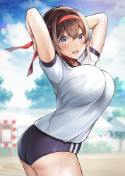 Rule 34 | 1girl, :d, arms up, ass, black buruma, blue sky, blurry, blurry background, blush, breasts, brown hair, buruma, cloud, commentary request, day, fence, gym shirt, gym uniform, hachimaki, hair between eyes, headband, highres, large breasts, looking at viewer, open mouth, original, outdoors, purple eyes, school uniform, shiro kuma shake, shirt, short sleeves, sky, smile, solo, sweat, track and field, tree, twisted torso, white shirt