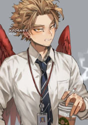 Rule 34 | 1boy, alternate costume, artist name, blonde hair, boku no hero academia, breast pocket, cigarette, collared shirt, commentary, cup, diagonal-striped clothes, diagonal-striped necktie, diagonal-striped neckwear, disposable cup, earrings, feathered wings, grey background, hand up, hawks (boku no hero academia), holding, holding cigarette, id card, jewelry, kadeart, looking at viewer, male focus, necktie, pocket, red wings, shirt, short hair, simple background, solo, striped clothes, striped necktie, striped neckwear, teeth, watermark, white shirt, wings