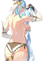 Rule 34 | 1girl, arm up, ass, azura (fire emblem), azura (song&#039;s reflection) (fire emblem), back, back focus, black panties, blue hair, breasts, closed mouth, commentary, detached sleeves, earrings, elbow gloves, english commentary, fingerless gloves, fire emblem, fire emblem fates, fire emblem heroes, gloves, highres, jewelry, long hair, looking at viewer, medium breasts, nintendo, nipples, official alternate costume, panties, see-through, side-tie panties, signature, simple background, smile, solo, underwear, veil, very long hair, white background, yellow eyes, yusi vishnu