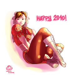 Rule 34 | 10s, 1girl, 2010, alternate color, andrewcockroach, bad deviantart id, bad id, boots, brown hair, bun cover, capcom, china dress, chinese clothes, chun-li, double bun, dress, earrings, female focus, full body, happy new year, highres, holiday, jewelry, leaning back, new year, pantyhose, pelvic curtain, sash, shoes, sitting, solo, street fighter, thick thighs, thighs, white footwear