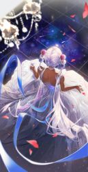 Rule 34 | 1girl, absurdres, back, bare shoulders, chandelier, choker, dark-skinned female, dark skin, dress, from behind, hair ornament, highres, holocouncil, hololive, hololive english, long hair, petals, planet hair ornament, reinene, ribbon, silver hair, skirt hold, solo, space, star (sky), tsukumo sana, very long hair, virtual youtuber