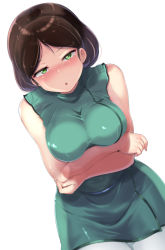 Rule 34 | 1girl, blush, breasts, crossed arms, dress, dutch angle, emma sheen, eyebrows, forehead, green dress, green eyes, gundam, large breasts, looking at viewer, mamo williams, medium hair, military, military uniform, open mouth, pantyhose, short dress, simple background, sleeveless, sleeveless dress, solo, uniform, white background, white pantyhose, zeta gundam