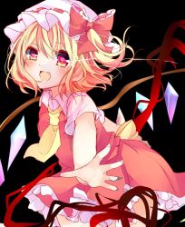 Rule 34 | 1girl, :d, ascot, bad id, bad twitter id, black background, blonde hair, blush, bow, collared shirt, cowboy shot, fang, flandre scarlet, hair between eyes, hat, hat bow, highres, karasusou nano, looking at viewer, mob cap, open mouth, outstretched hand, red bow, red eyes, shirt, short hair, short sleeves, side ponytail, simple background, smile, solo, touhou, white hat, white shirt