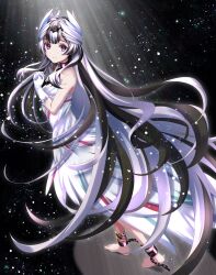Rule 34 | 1girl, bare shoulders, black choker, black hair, breasts, choker, dress, feather hair ornament, feathers, fire emblem, fire emblem engage, full body, grey hair, hair ornament, highres, kakiko210, long hair, looking at viewer, multicolored hair, nintendo, own hands clasped, own hands together, petite, purple eyes, small breasts, smile, solo, two-tone hair, very long hair, veyle (fire emblem), wavy hair