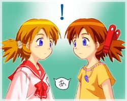 Rule 34 | !, 00s, 2girls, a (phrase), blue eyes, brown hair, crossover, eye contact, gradient background, green background, jewelry, josette, look-alike, looking at another, multiple girls, pendant, sasamori karin, school uniform, see-through border, serafuku, shirt, short hair, short twintails, speech bubble, t-shirt, to heart (series), to heart 2, trait connection, translated, twintails, upper body, wonder project j2