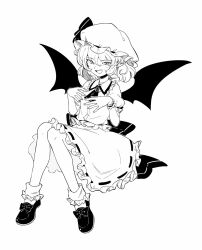 Rule 34 | 1girl, ascot, bat wings, blush, brooch, collared shirt, fingernails, frilled shirt collar, frilled skirt, frilled sleeves, frills, full body, grey hair, hair between eyes, hat, highres, jewelry, maguro (mawaru sushi), mob cap, open mouth, pointy ears, remilia scarlet, shirt, shoes, short hair, short sleeves, simple background, skirt, smile, socks, solo, touhou, white background, wings, wrist cuffs
