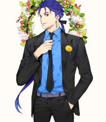 Rule 34 | 1boy, bad id, bad pixiv id, blue hair, cu chulainn (fate), cu chulainn (fate/stay night), fate/stay night, fate (series), formal, lancelot (smalock), male focus, ponytail, simple background, solo, suit