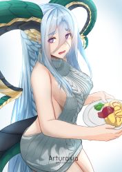 Rule 34 | 1girl, absurdres, arturaxia, backless dress, backless outfit, blue hair, breasts, dragon horns, dragon tail, dress, fate/grand order, fate (series), food, grey sweater, hair between eyes, highres, holding, holding plate, horns, large breasts, long hair, long horns, looking at viewer, meme attire, naked sweater, open mouth, plate, pointy ears, purple eyes, ribbed sweater, sideboob, solo, sweater, sweater dress, symbol-shaped pupils, tail, tiamat (fate), turtleneck, turtleneck sweater, very long hair, virgin killer sweater, wavy mouth, x-shaped pupils
